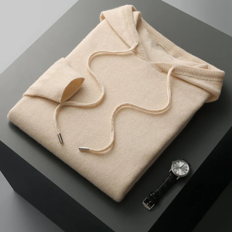 "Men's luxury cashmere hoodie with adjustable hood, slim fit, ribbed cuffs, in versatile colors, soft and breathable."