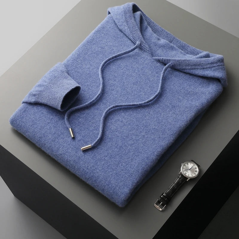 "Men's luxury cashmere hoodie with adjustable hood, slim fit, ribbed cuffs, in versatile colors, soft and breathable."