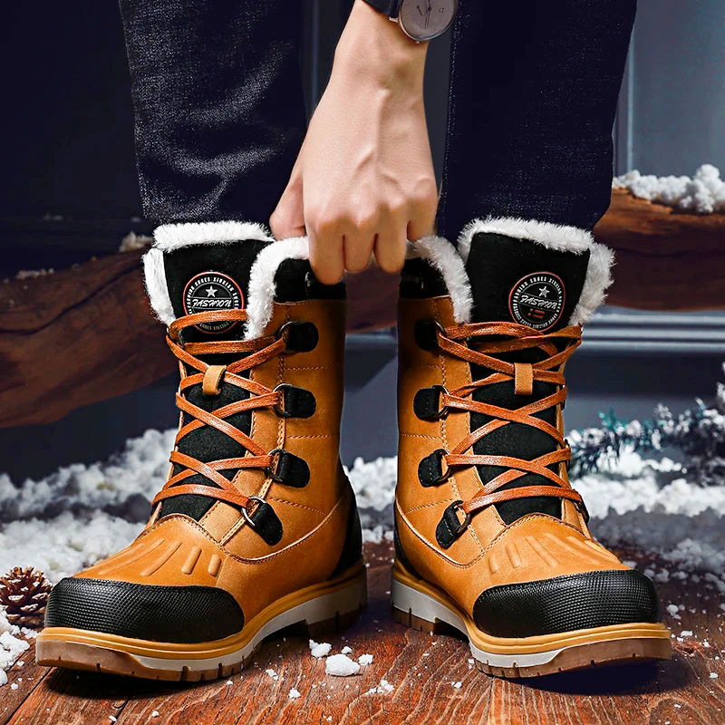 Men's mid-calf waterproof insulated snow boots with brown synthetic exterior and plush lining for winter warmth and protectio