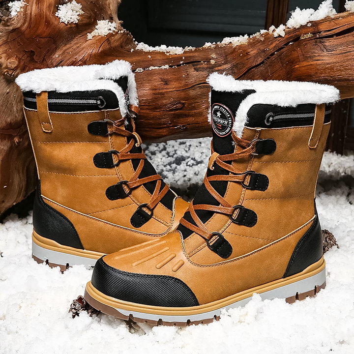 Men's mid-calf waterproof insulated snow boots with brown synthetic exterior and plush lining for winter warmth and protectio