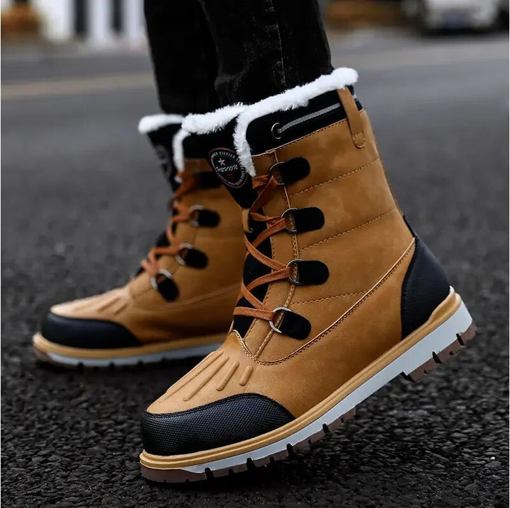 Men's mid-calf waterproof insulated snow boots with brown synthetic exterior and plush lining for winter warmth and protectio