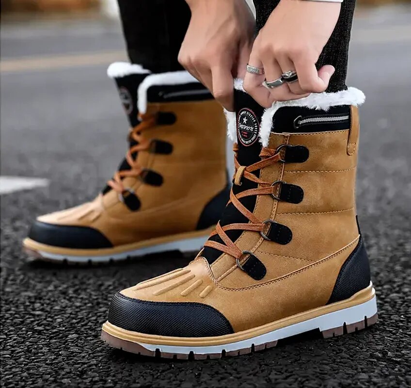 Men's mid-calf waterproof insulated snow boots with brown synthetic exterior and plush lining for winter warmth and protectio