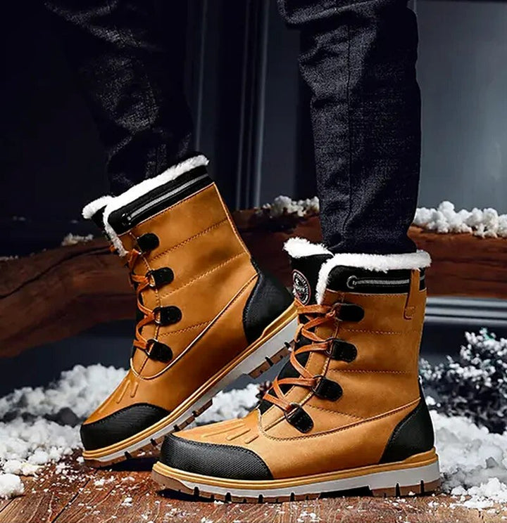 Men's mid-calf waterproof insulated snow boots with brown synthetic exterior and plush lining for winter warmth and protectio