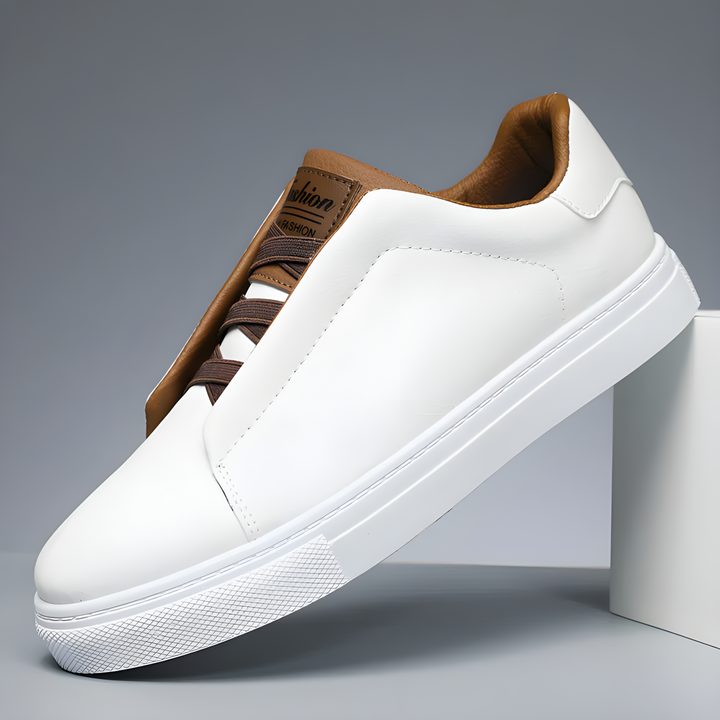 "Men's minimalist low-top sneakers; white and brown sleek profile, versatile for casual and semi-formal wear."