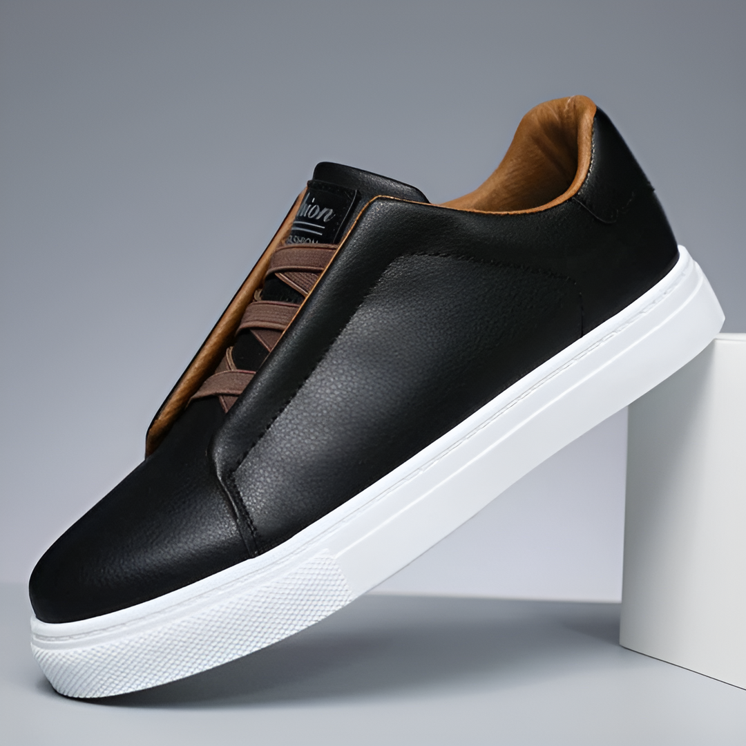 "Men's minimalist low-top sneakers; white and brown sleek profile, versatile for casual and semi-formal wear."