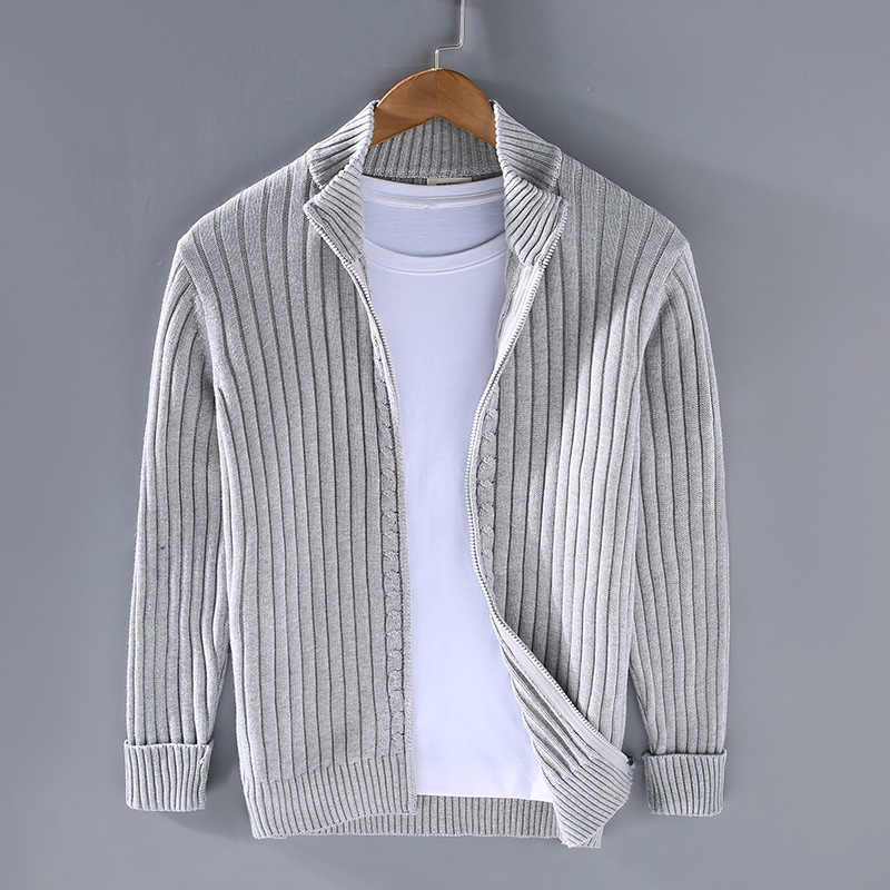 Men's modern zip-up cardigan, sleek design, versatile neutral colors, ideal for casual or office wear with comfortable fit.