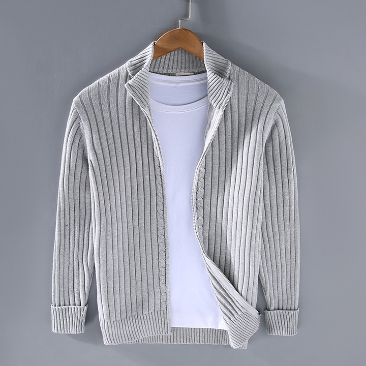 Men's modern zip-up cardigan, sleek design, versatile neutral colors, ideal for casual or office wear with comfortable fit.