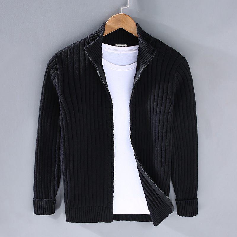 Men's modern zip-up cardigan, sleek design, versatile neutral colors, ideal for casual or office wear with comfortable fit.