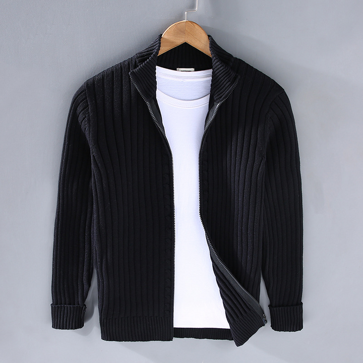 Men's modern zip-up cardigan, sleek design, versatile neutral colors, ideal for casual or office wear with comfortable fit.