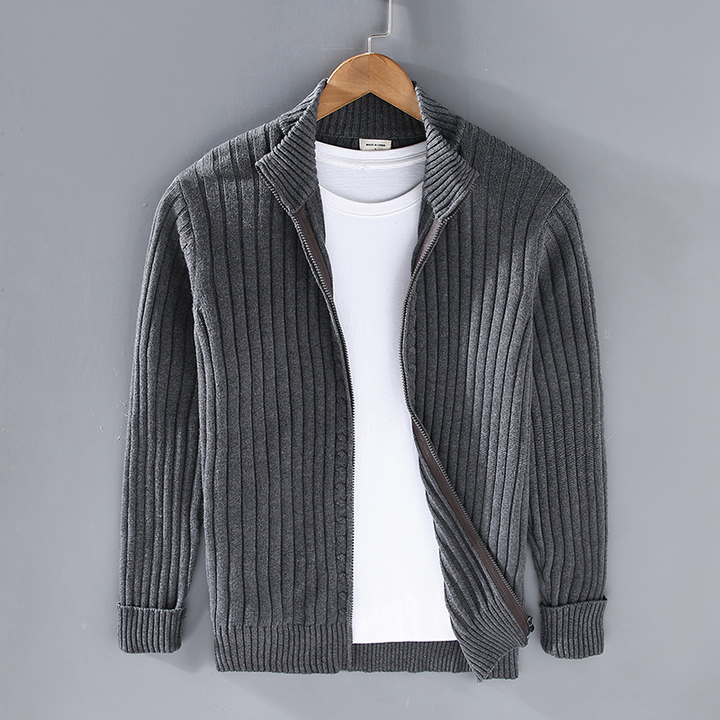 Men's modern zip-up cardigan, sleek design, versatile neutral colors, ideal for casual or office wear with comfortable fit.