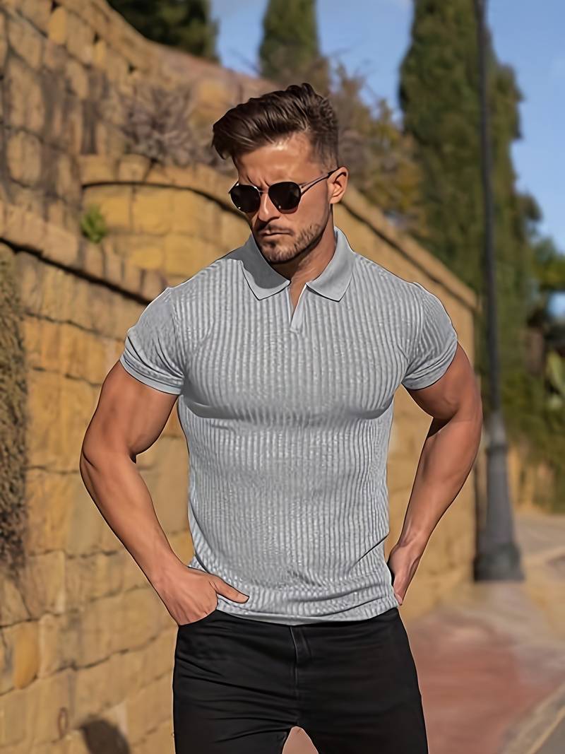 "Men's Muscle Fit Ribbed Polo Shirt, slim fit, ribbed texture, front view, stylish modern shirt for casual or semi-formal wea