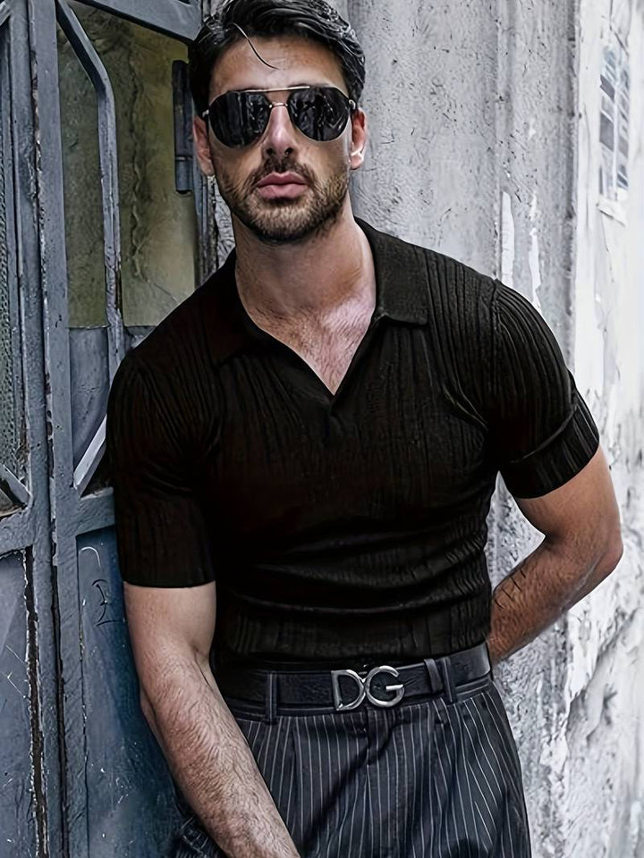 "Men's Muscle Fit Ribbed Polo Shirt, slim fit, ribbed texture, front view, stylish modern shirt for casual or semi-formal wea