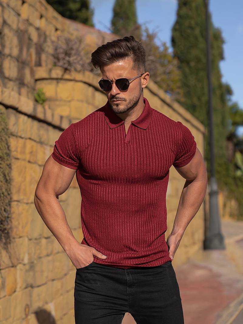 "Men's Muscle Fit Ribbed Polo Shirt, slim fit, ribbed texture, front view, stylish modern shirt for casual or semi-formal wea