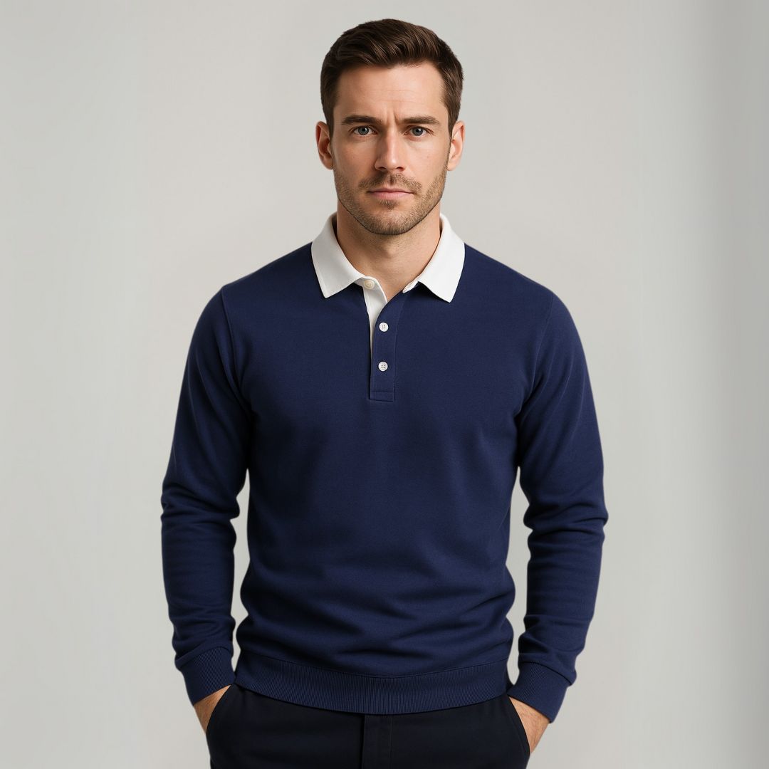 "Men's navy cotton long-sleeve polo sweater with classic design and contrasting collar, perfect for casual or formal wear."