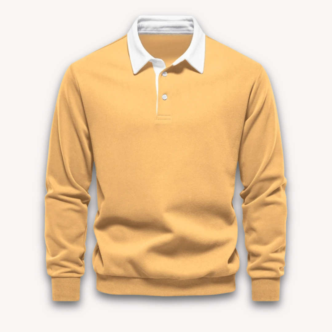 "Men's navy cotton long-sleeve polo sweater with classic design and contrasting collar, perfect for casual or formal wear."