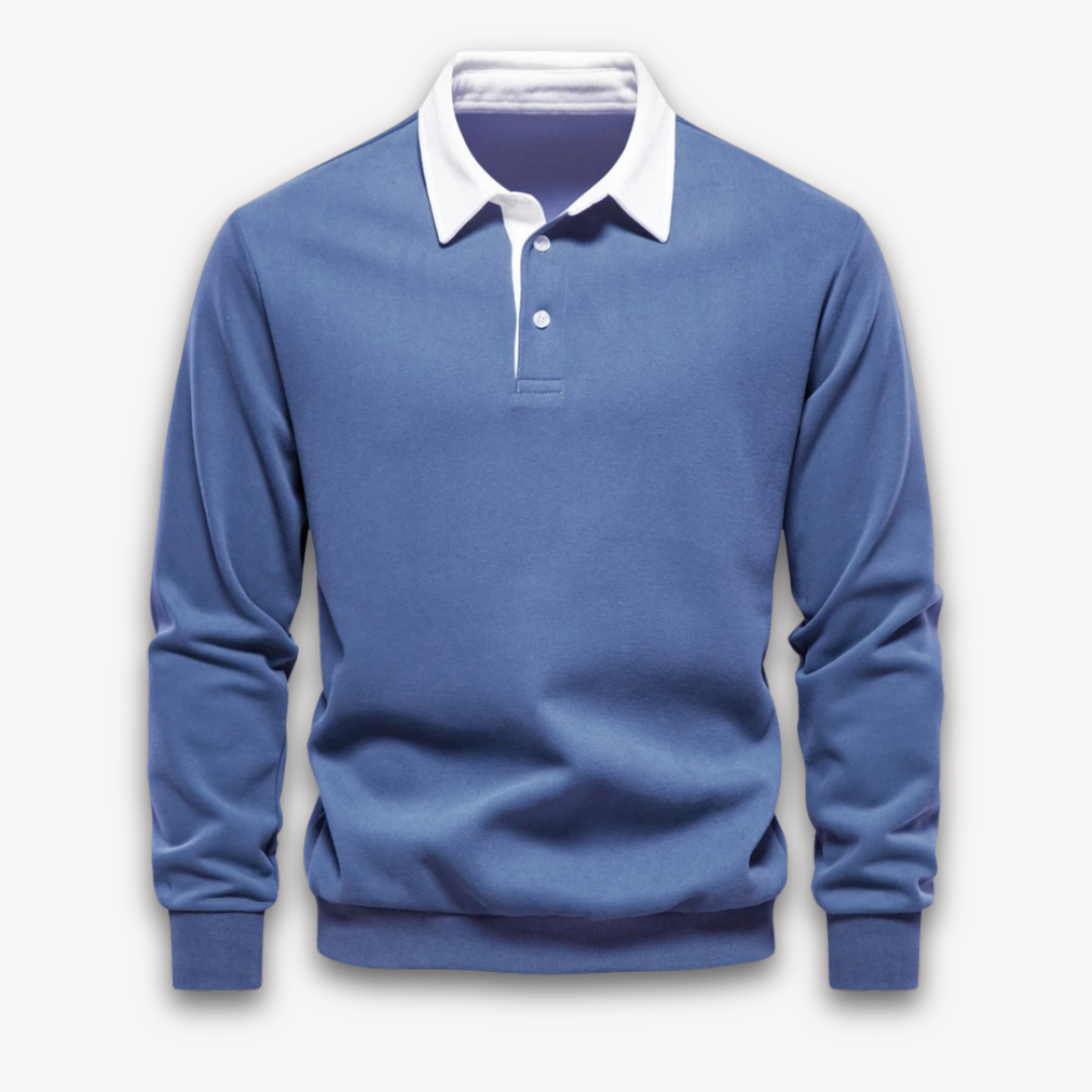 "Men's navy cotton long-sleeve polo sweater with classic design and contrasting collar, perfect for casual or formal wear."