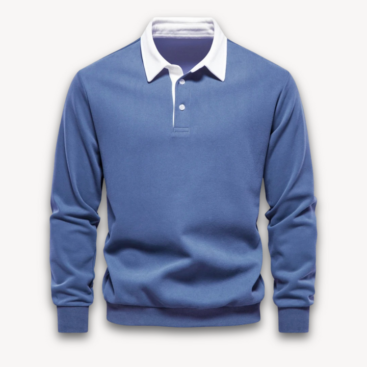 "Men's navy cotton long-sleeve polo sweater with classic design and contrasting collar, perfect for casual or formal wear."