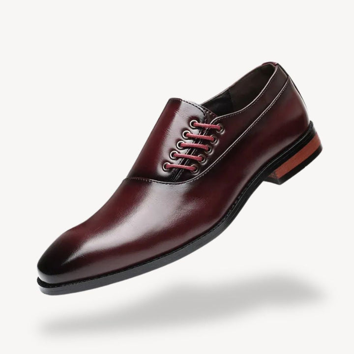 "Men's orthopedic leather side lace dress shoes, classic Oxford design, available in brown, black, and burgundy colors."