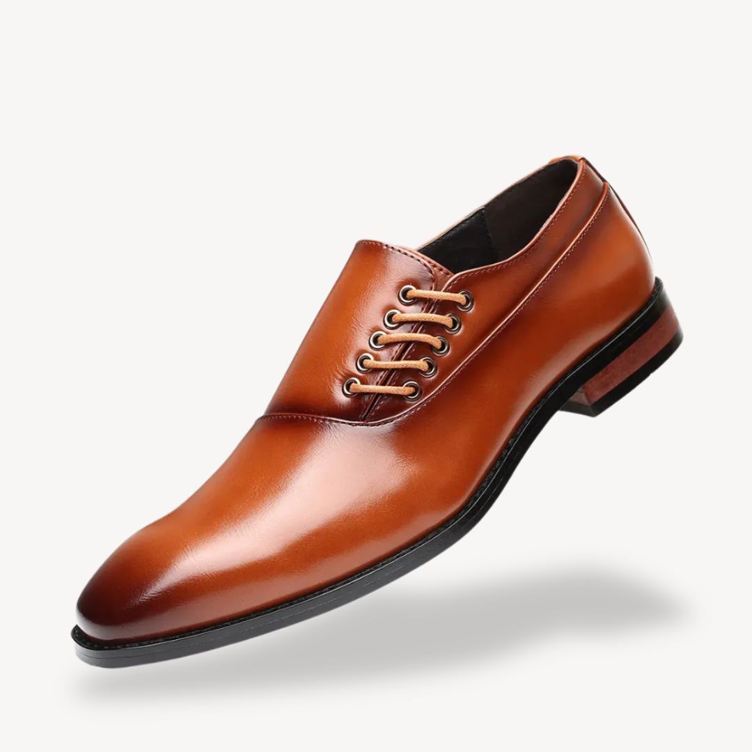 "Men's orthopedic leather side lace dress shoes, classic Oxford design, available in brown, black, and burgundy colors."