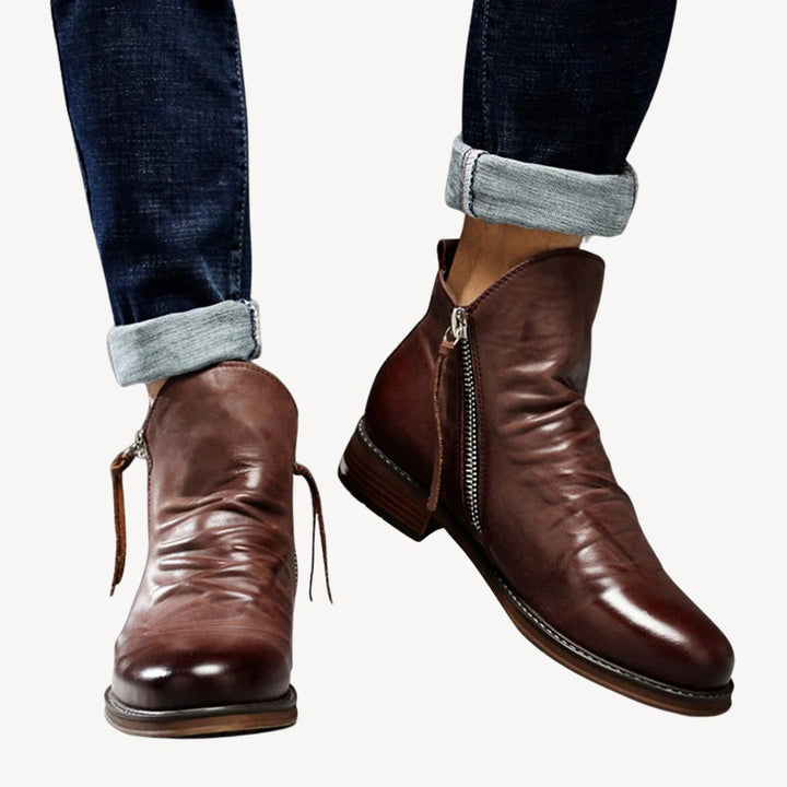 Men's orthopedic retro boots in genuine leather, rich brown color, showcasing comfort, durability, and vintage style.
