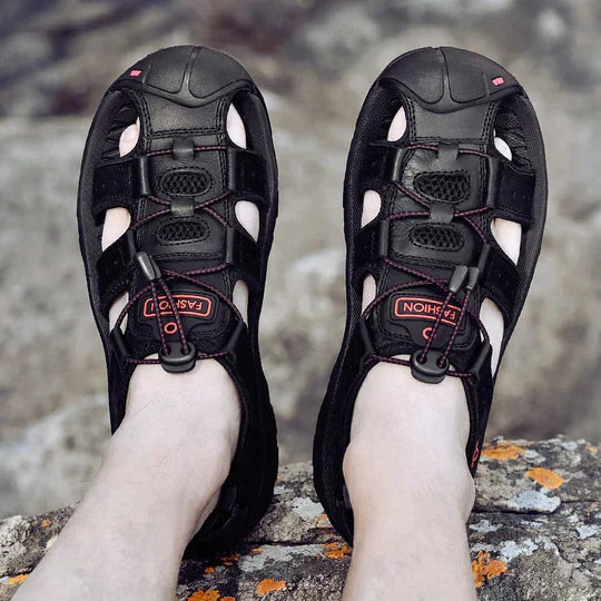 "Men's orthopedic sandals with ergonomic design, adjustable straps, and slip-resistant sole for stylish, comfortable wear."