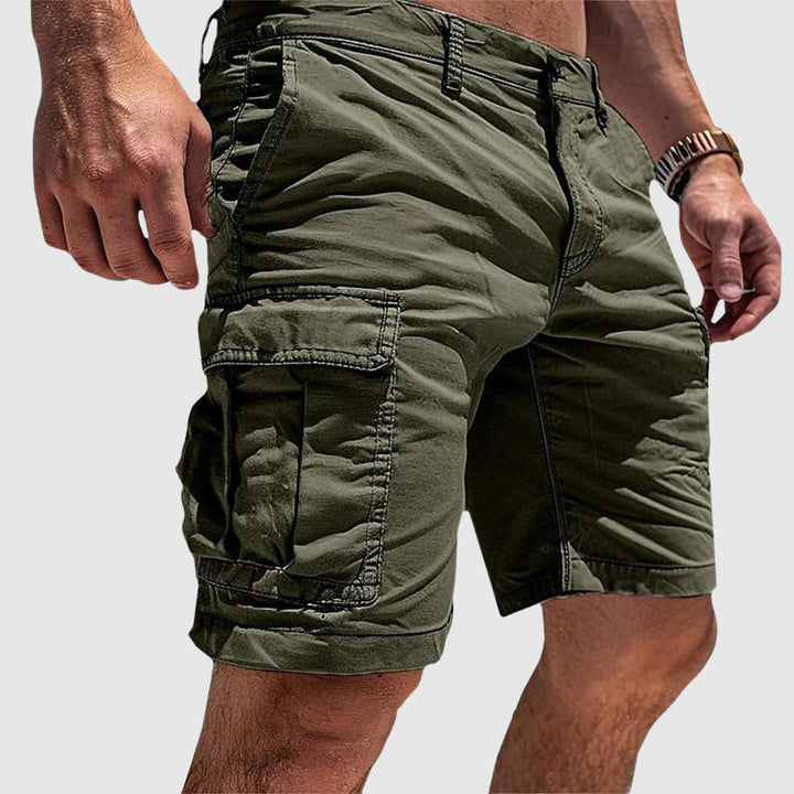 Men's outdoor cargo shorts, khaki with multiple utility pockets, breathable, durable fabric, ideal for hiking and casual wear