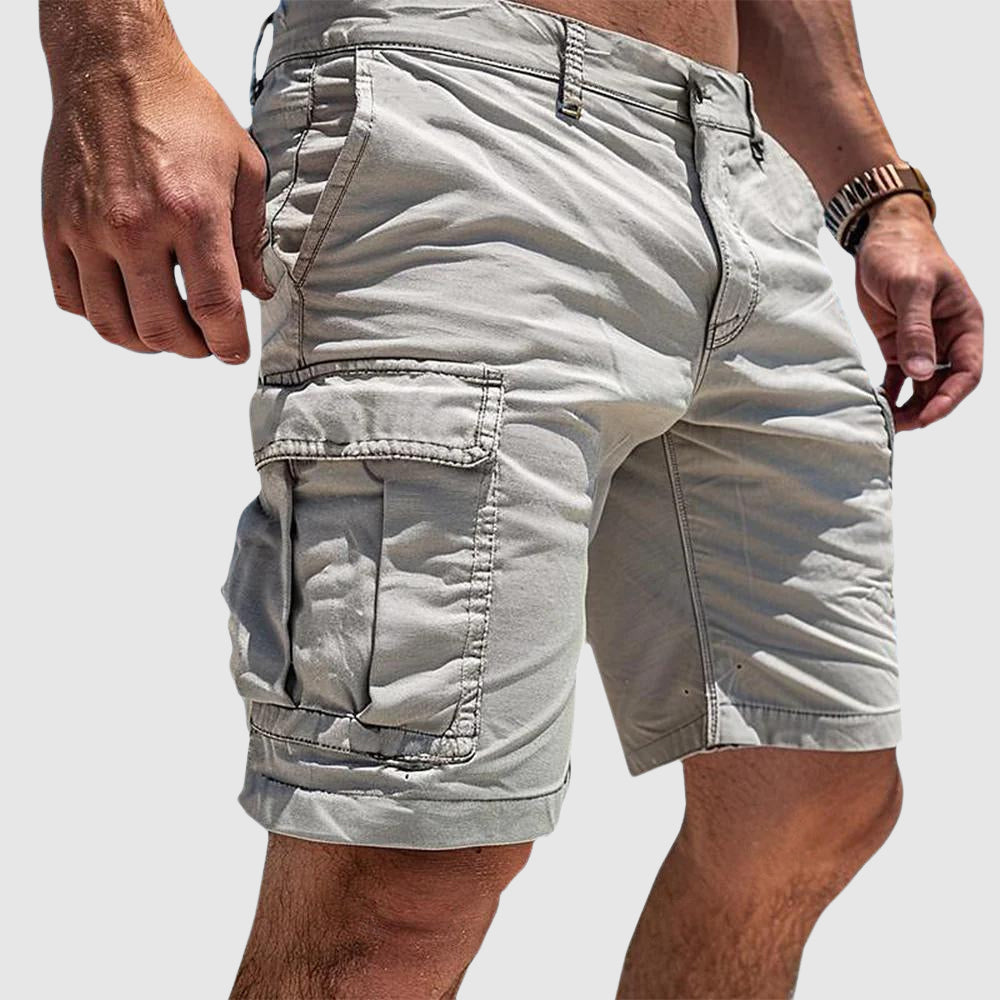 Men's outdoor cargo shorts, khaki with multiple utility pockets, breathable, durable fabric, ideal for hiking and casual wear