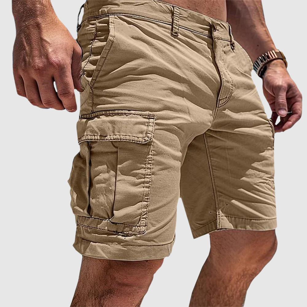 Men's outdoor cargo shorts, khaki with multiple utility pockets, breathable, durable fabric, ideal for hiking and casual wear