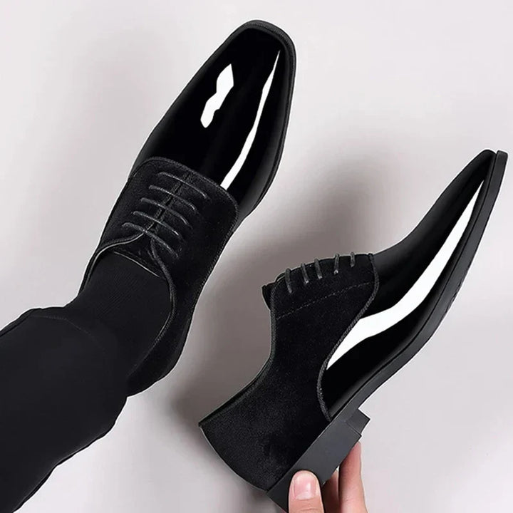 "Men's Oxford suede leather dress shoes with contrast toe, elegant lace-up design, premium material, formal footwear."