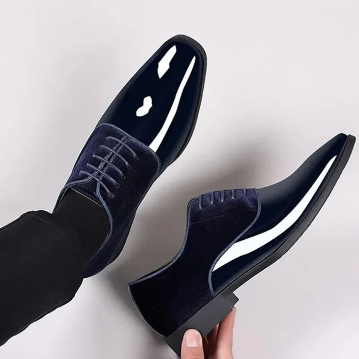 "Men's Oxford suede leather dress shoes with contrast toe, elegant lace-up design, premium material, formal footwear."