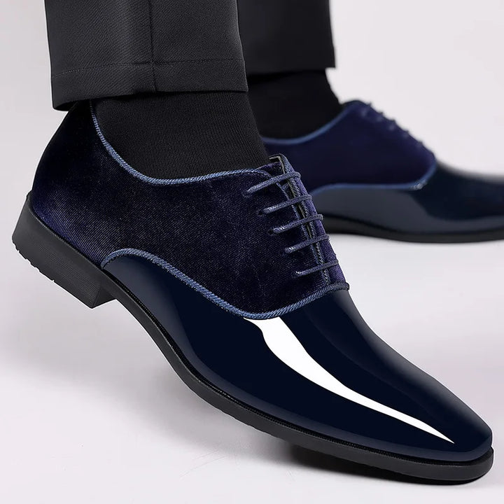 "Men's Oxford suede leather dress shoes with contrast toe, elegant lace-up design, premium material, formal footwear."