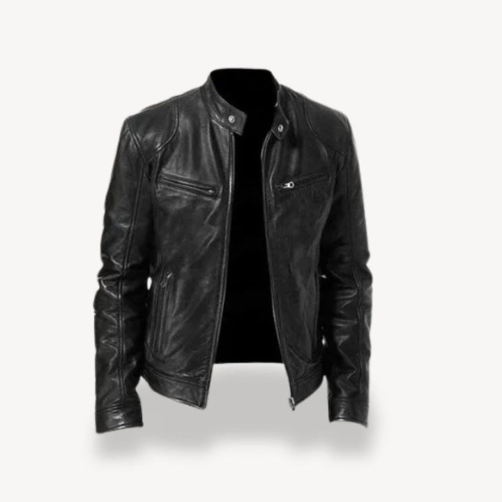 "Men’s premium leather biker jacket, zip-up style, front view, showcasing sleek design and quilted shoulders."