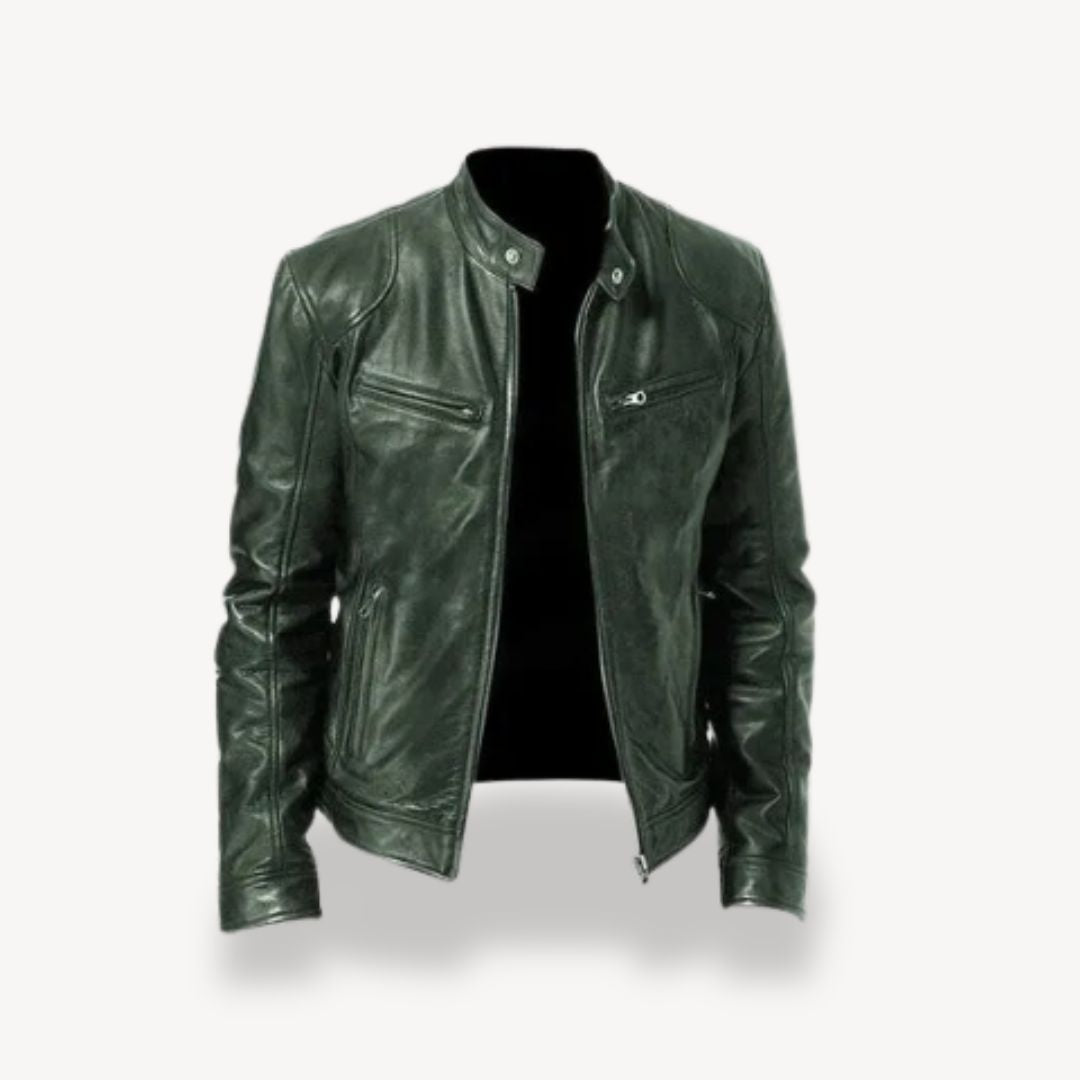 "Men’s premium leather biker jacket, zip-up style, front view, showcasing sleek design and quilted shoulders."