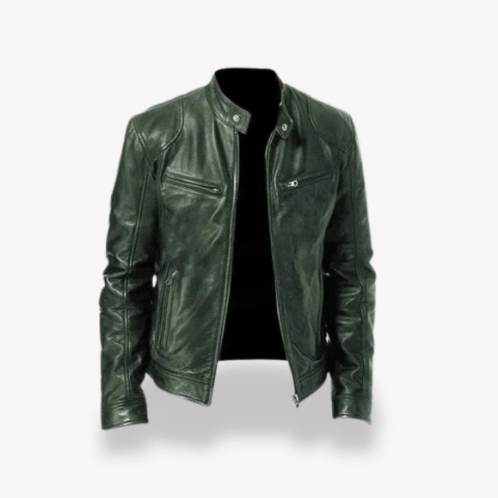 "Men’s premium leather biker jacket, zip-up style, front view, showcasing sleek design and quilted shoulders."