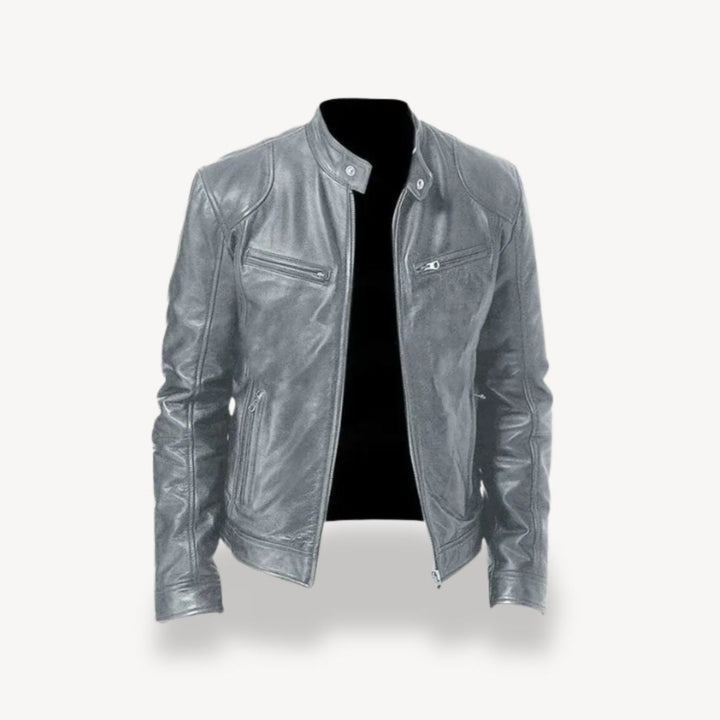 "Men’s premium leather biker jacket, zip-up style, front view, showcasing sleek design and quilted shoulders."