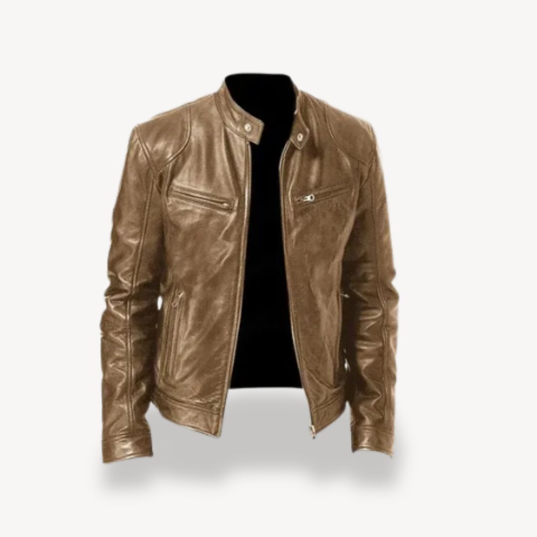 "Men’s premium leather biker jacket, zip-up style, front view, showcasing sleek design and quilted shoulders."
