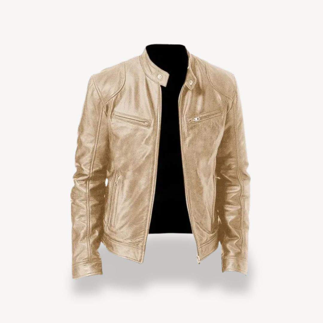 "Men’s premium leather biker jacket, zip-up style, front view, showcasing sleek design and quilted shoulders."