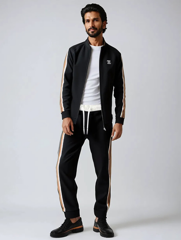 "Men's premium tracksuit set, sleek design, breathable gray fabric, ideal for workouts or lounging, modern comfortable fit"
