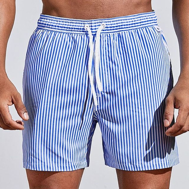 "Men's quick-dry blue striped boardshorts swimwear; lightweight with elastic waistband for beach or pool adventures."