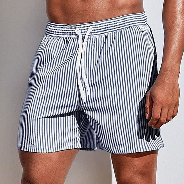"Men's quick-dry blue striped boardshorts swimwear; lightweight with elastic waistband for beach or pool adventures."