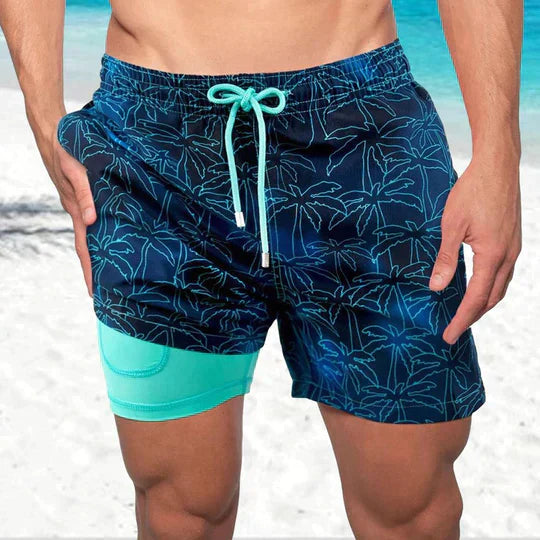 "Men's quick-dry swim shorts with inner compression, bold tropical print, two-tone detail, drawstring waist for secure fit."