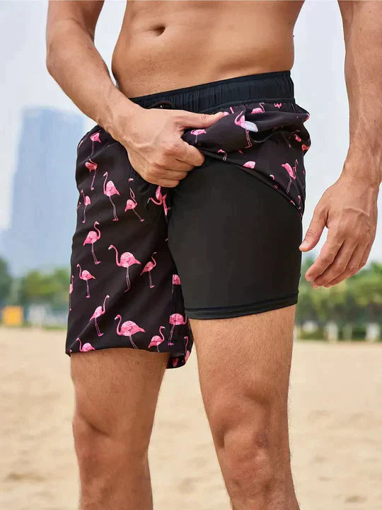 "Men's quick-dry swim shorts with inner compression, bold tropical print, two-tone detail, drawstring waist for secure fit."