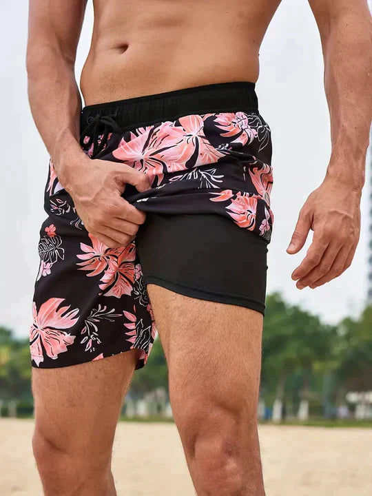 "Men's quick-dry swim shorts with inner compression, bold tropical print, two-tone detail, drawstring waist for secure fit."