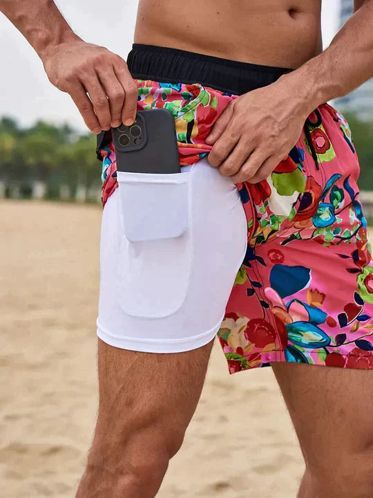"Men's quick-dry swim shorts with inner compression, bold tropical print, two-tone detail, drawstring waist for secure fit."