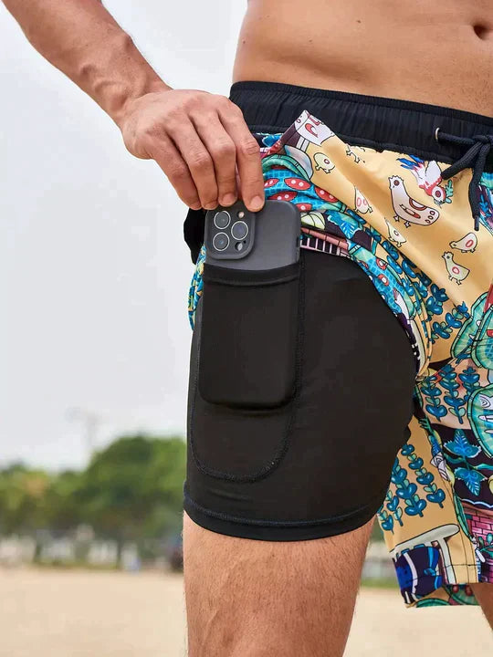 "Men's quick-dry swim shorts with inner compression, bold tropical print, two-tone detail, drawstring waist for secure fit."