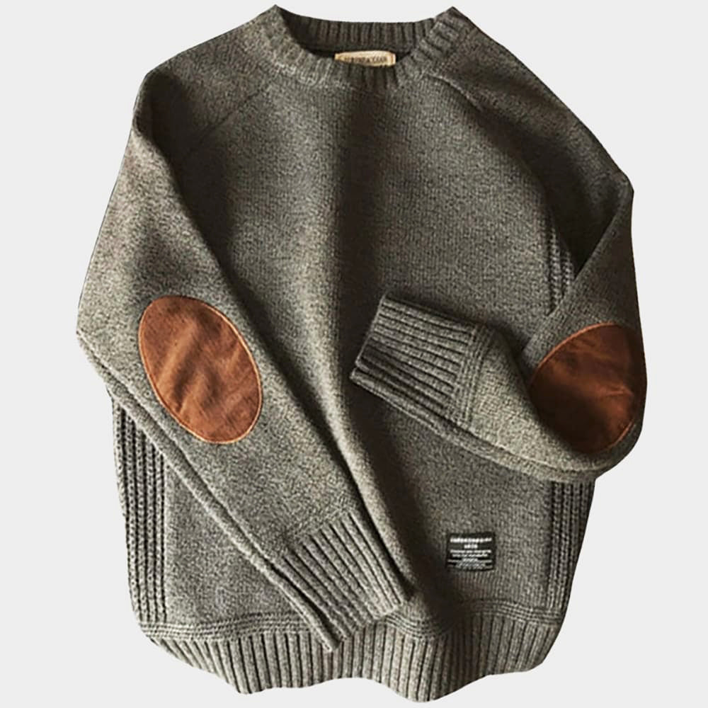 Men's regular fit wool blend sweater with elbow patch, showcasing a classic design ideal for smart-casual or relaxed looks.
