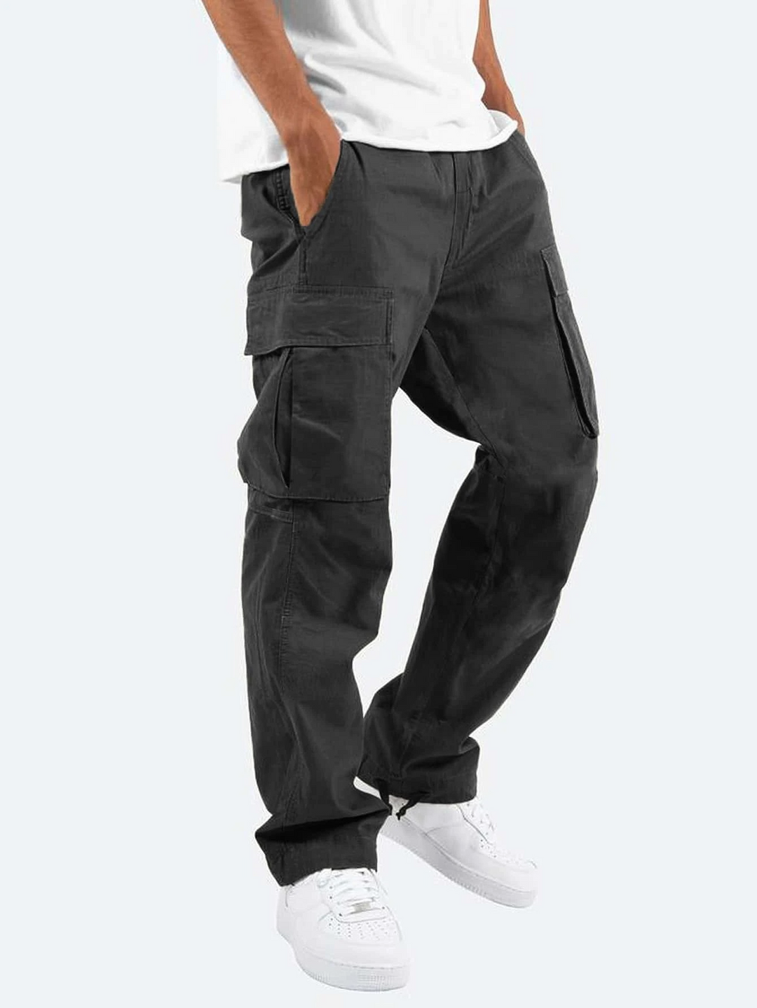 Men's relaxed fit cargo pants front view with roomy utility pockets and straight-leg design in classic black.