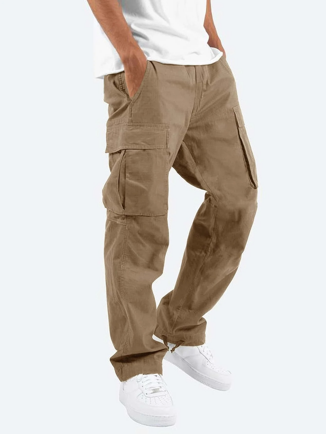 Men's relaxed fit cargo pants front view with roomy utility pockets and straight-leg design in classic black.