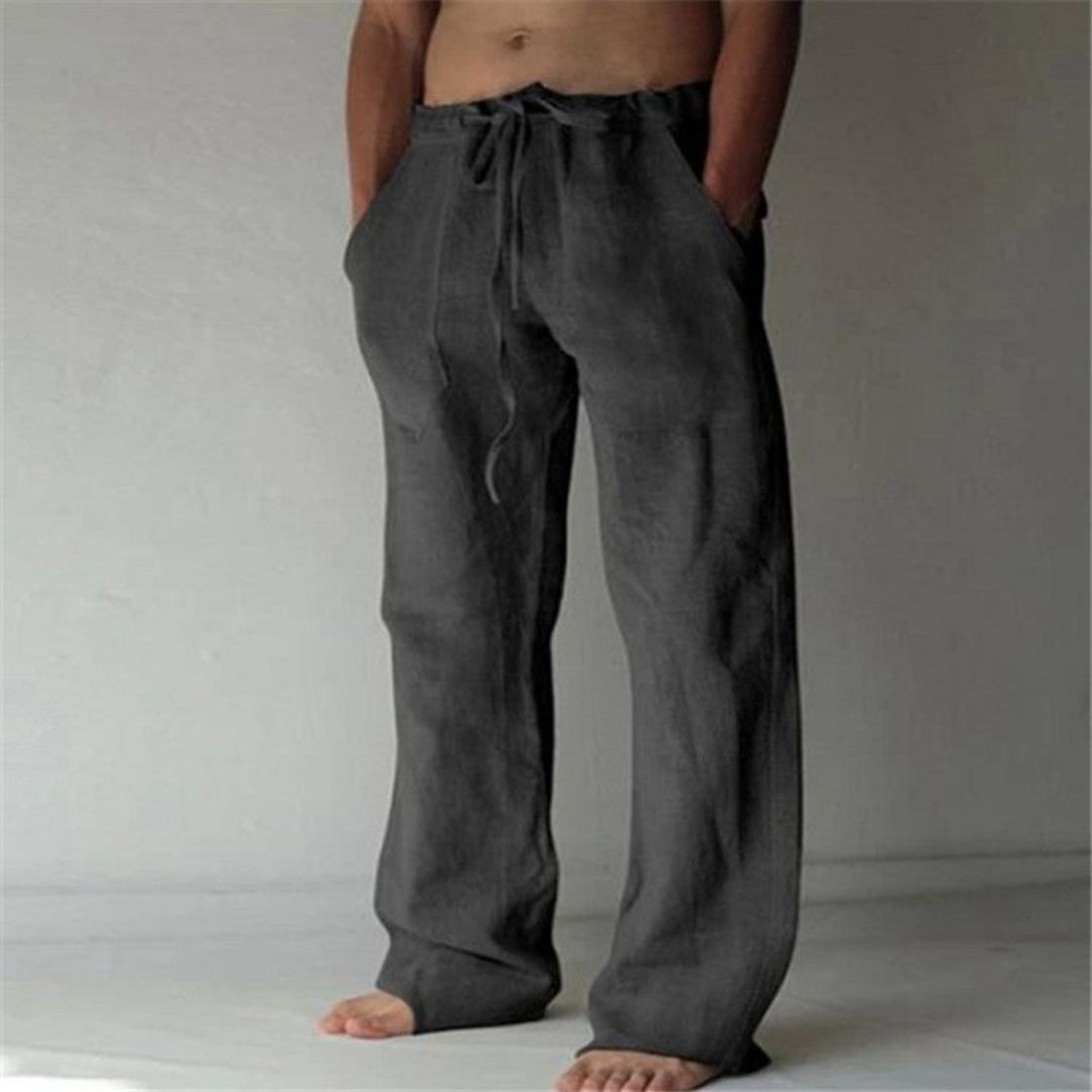 "Men's relaxed fit casual linen lounge pants; adjustable waist, versatile design, side pockets, ideal for leisure and outings