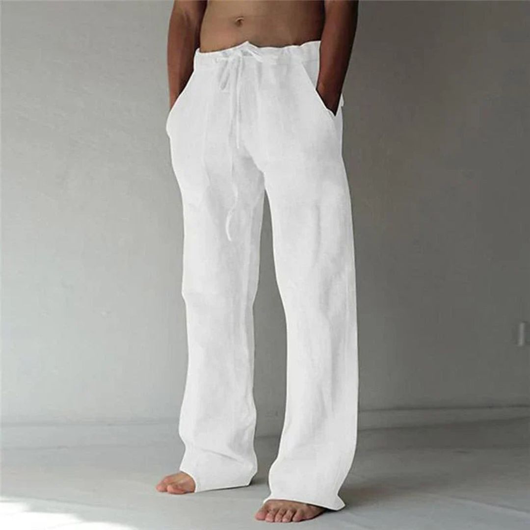 "Men's relaxed fit casual linen lounge pants; adjustable waist, versatile design, side pockets, ideal for leisure and outings